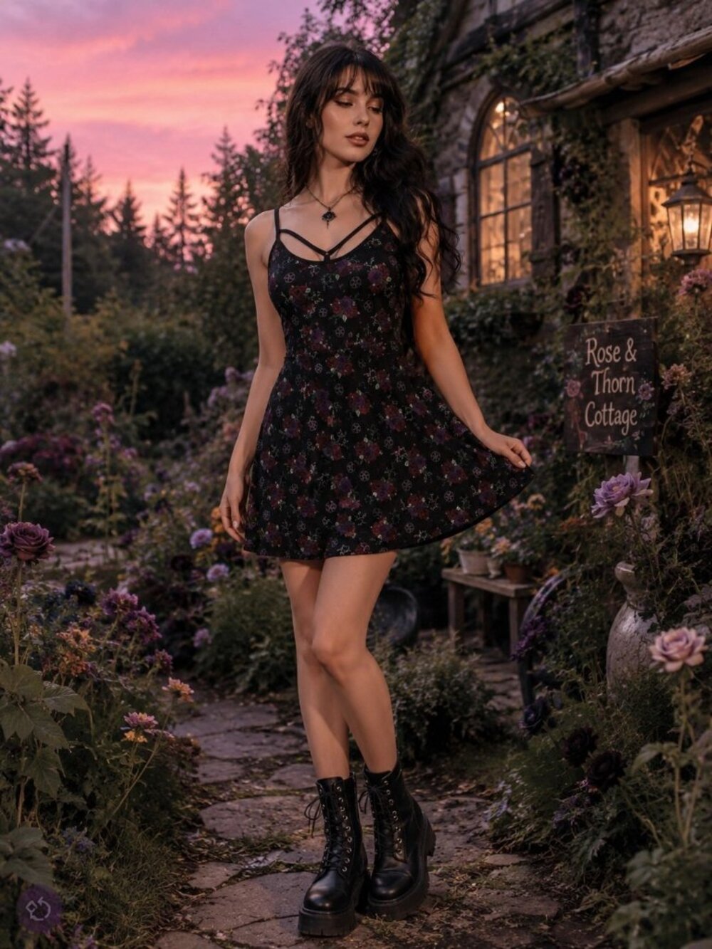 Hot Topic Rose And Pentagram Whimsigoth Gothic Fit Flare Skater Dress